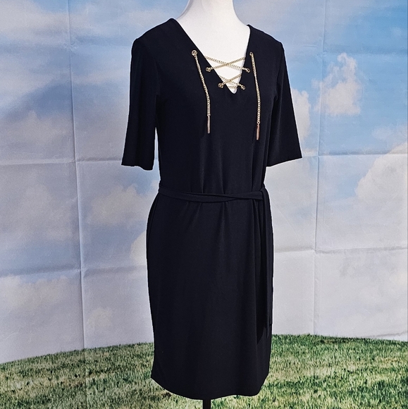 MSK | GOLD CHAIN EMBELLISHED HIGH ELBOW SLEEVE KNEE LENGTH DRESS - Picture 8 of 16